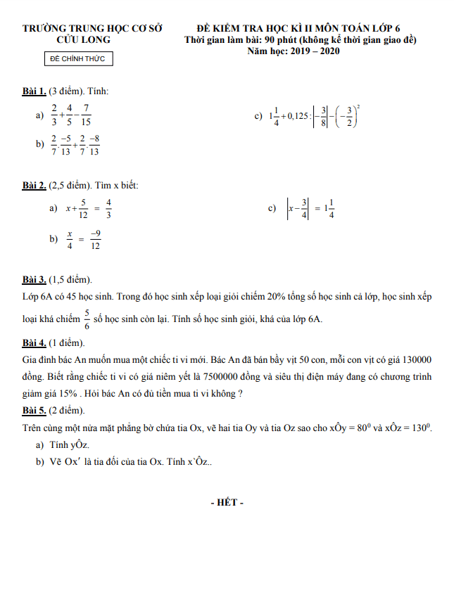 Đề kiểm tra học kì 2 Toán 6 năm 2019 – 2020 trường THCS Cửu Long – TP HCM