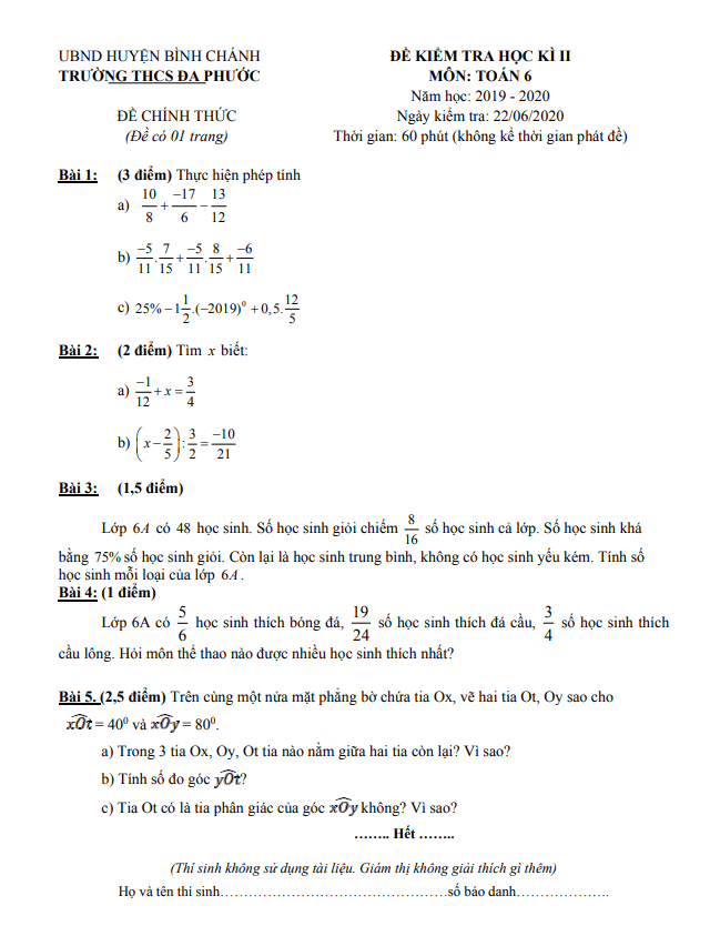 Đề kiểm tra học kì 2 Toán 6 năm 2019 – 2020 trường THCS Đa Phước – TP HCM