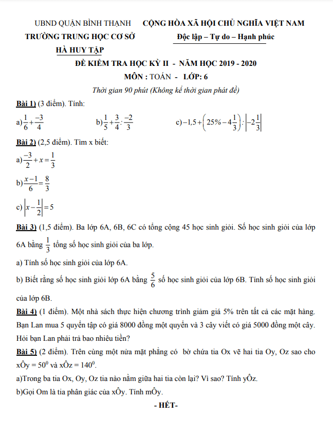 Đề kiểm tra học kì 2 Toán 6 năm 2019 – 2020 trường THCS Hà Huy Tập – TP HCM