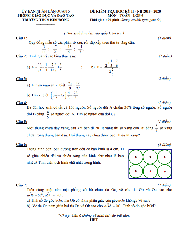 Đề kiểm tra học kì 2 Toán 6 năm 2019 – 2020 trường THCS Kim Đồng – TP HCM