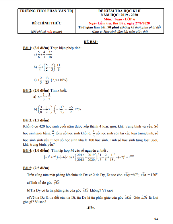 Đề kiểm tra học kì 2 Toán 6 năm 2019 – 2020 trường THCS Phan Văn Trị – TP HCM
