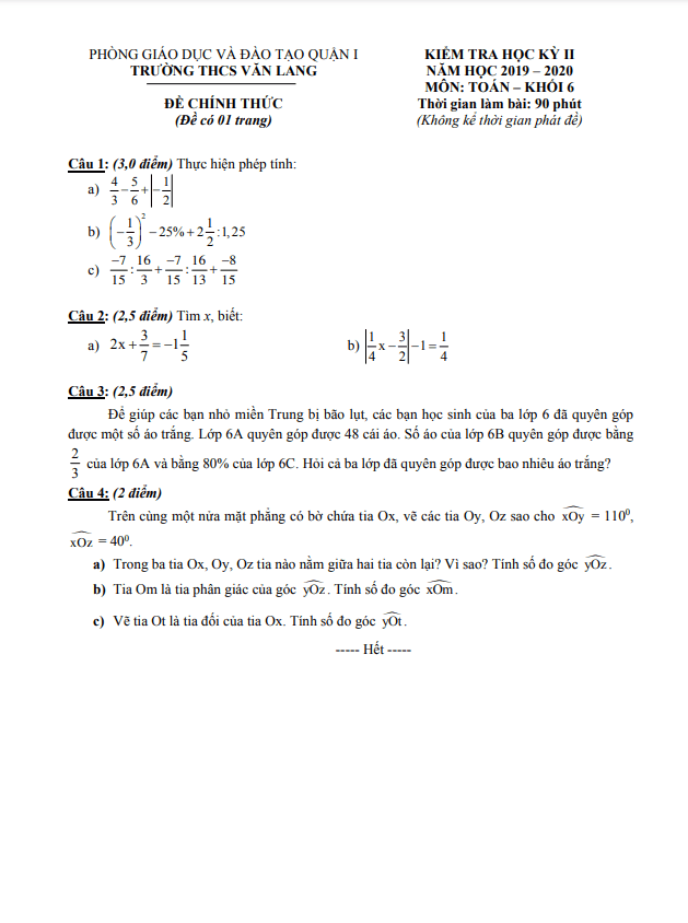 Đề kiểm tra học kì 2 Toán 6 năm 2019 – 2020 trường THCS Văn Lang – TP HCM