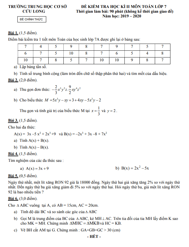 Đề kiểm tra học kì 2 Toán 7 năm 2019 – 2020 trường THCS Cửu Long – TP HCM