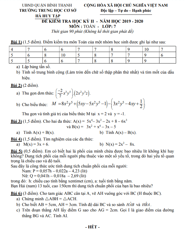Đề kiểm tra học kì 2 Toán 7 năm 2019 – 2020 trường THCS Hà Huy Tập – TP HCM