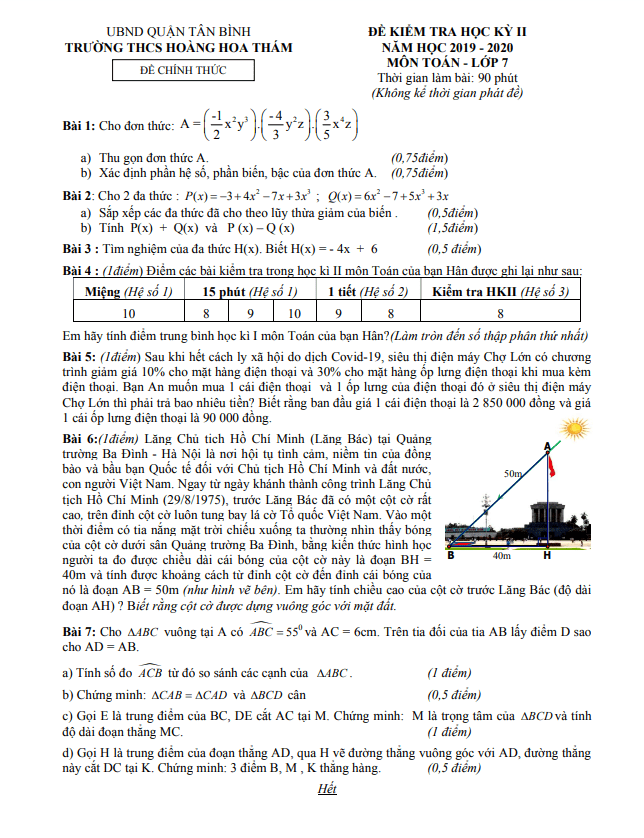 Đề kiểm tra học kì 2 Toán 7 năm 2019 – 2020 trường THCS Hoàng Hoa Thám – TP HCM