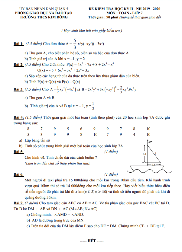Đề kiểm tra học kì 2 Toán 7 năm 2019 – 2020 trường THCS Kim Đồng – TP HCM