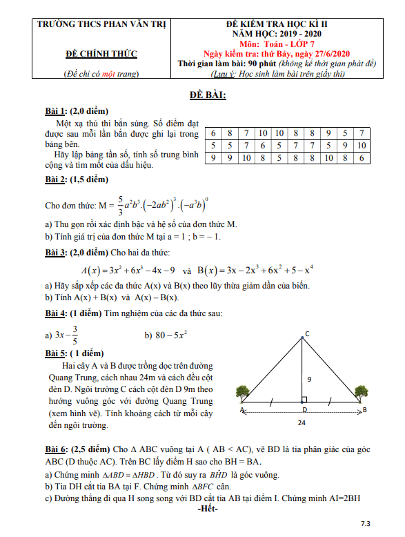 Đề kiểm tra học kì 2 Toán 7 năm 2019 – 2020 trường THCS Phan Văn Trị – TP HCM