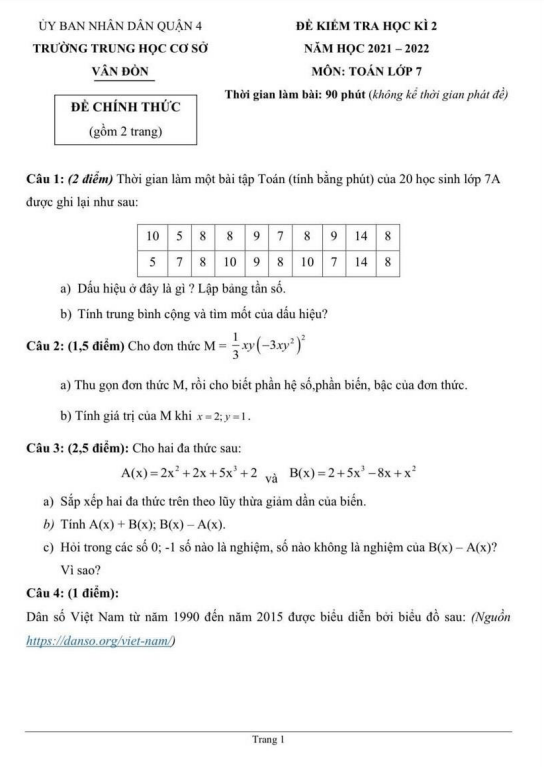 Đề kiểm tra học kì 2 Toán 7 năm 2021 – 2022 trường THCS Vân Đồn – TP HCM