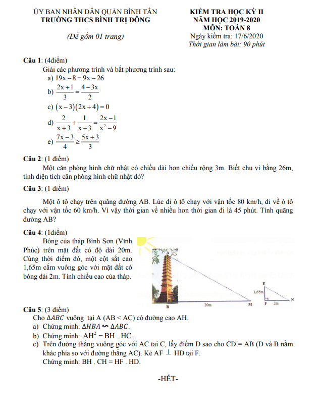 Đề kiểm tra học kì 2 Toán 8 năm 2019 – 2020 trường THCS Bình Trị Đông – TP HCM