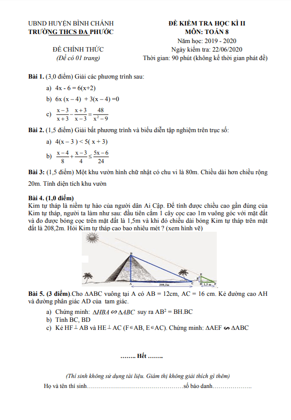 Đề kiểm tra học kì 2 Toán 8 năm 2019 – 2020 trường THCS Đa Phước – TP HCM