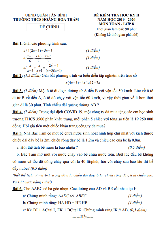 Đề kiểm tra học kì 2 Toán 8 năm 2019 – 2020 trường THCS Hoàng Hoa Thám – TP HCM
