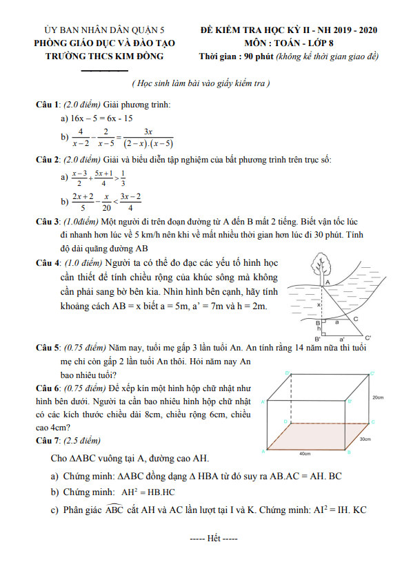 Đề kiểm tra học kì 2 Toán 8 năm 2019 – 2020 trường THCS Kim Đồng – TP HCM