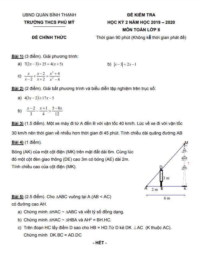 Đề kiểm tra học kì 2 Toán 8 năm 2019 – 2020 trường THCS Phú Mỹ – TP HCM