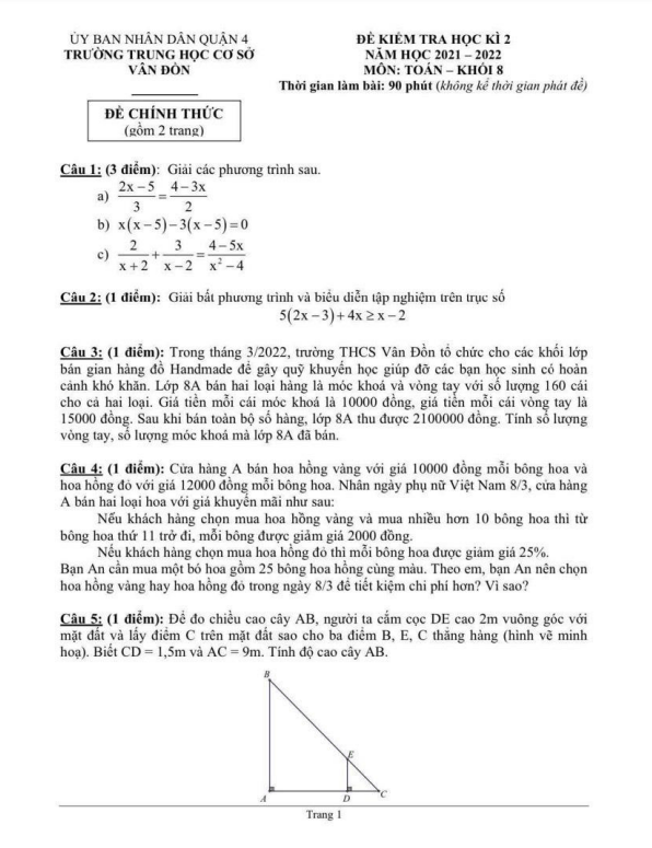 Đề kiểm tra học kì 2 Toán 8 năm 2021 – 2022 trường THCS Vân Đồn – TP HCM