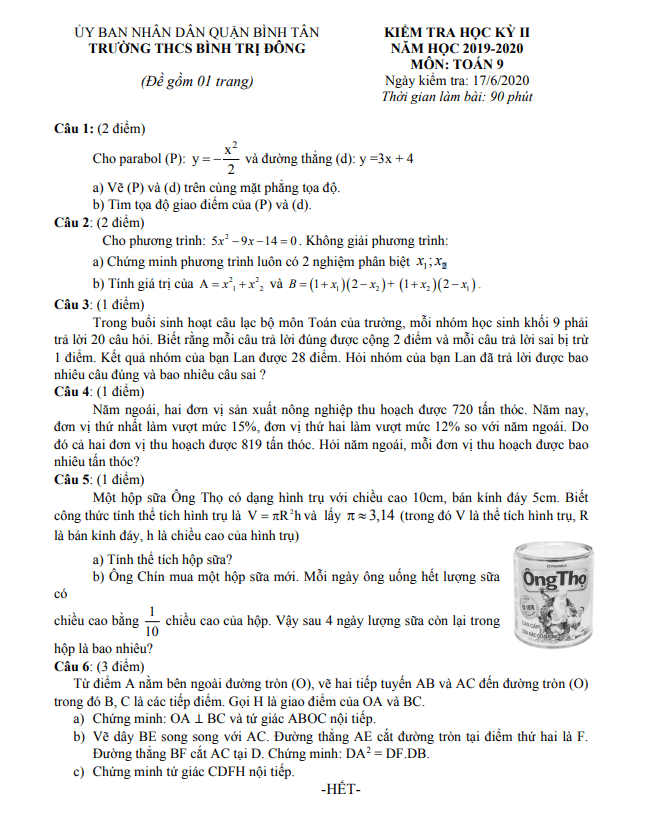 Đề kiểm tra học kì 2 Toán 9 năm 2019 – 2020 trường THCS Bình Trị Đông – TP HCM