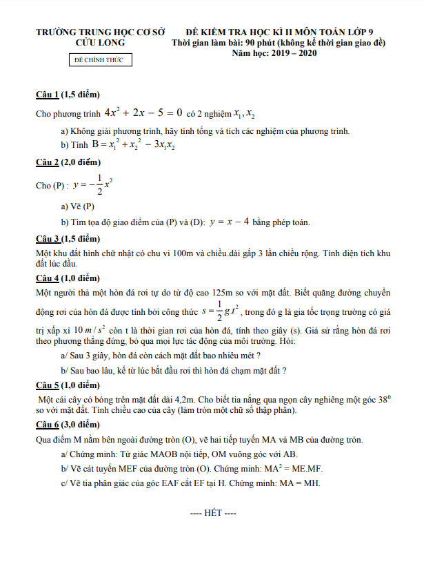 Đề kiểm tra học kì 2 Toán 9 năm 2019 – 2020 trường THCS Cửu Long – TP HCM
