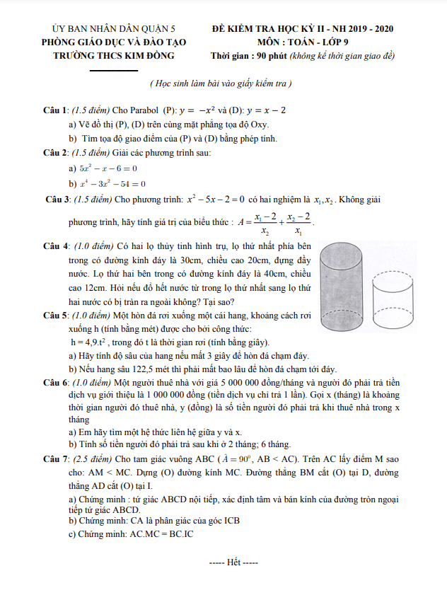 Đề kiểm tra học kì 2 Toán 9 năm 2019 – 2020 trường THCS Kim Đồng – TP HCM