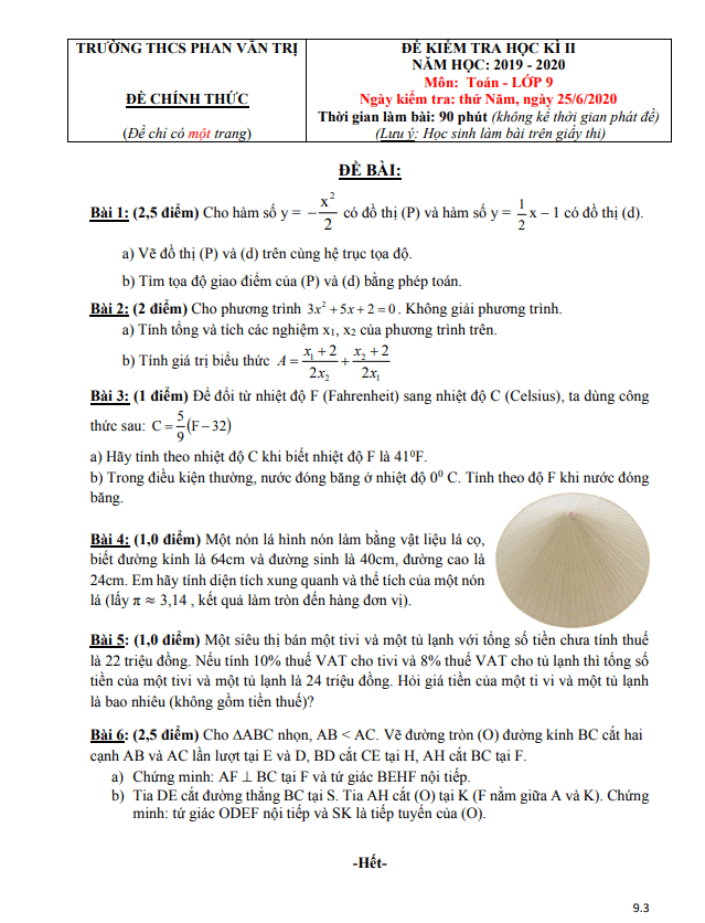 Đề kiểm tra học kì 2 Toán 9 năm 2019 – 2020 trường THCS Phan Văn Trị – TP HCM