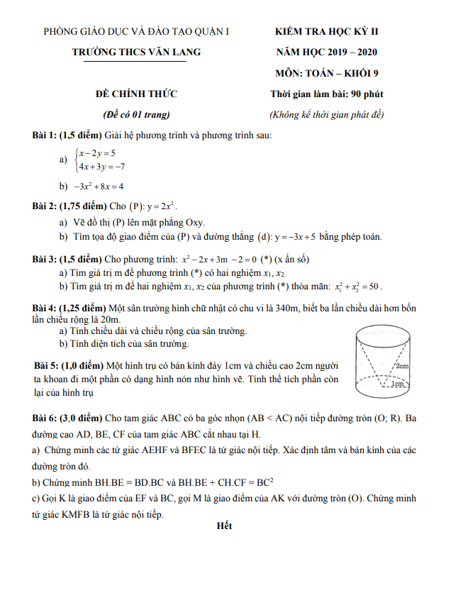 Đề kiểm tra học kì 2 Toán 9 năm 2019 – 2020 trường THCS Văn Lang – TP HCM