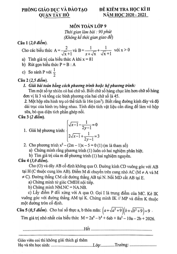 Đề kiểm tra học kì 2 Toán 9 năm 2020 – 2021 phòng GD&ĐT Tây Hồ – Hà Nội