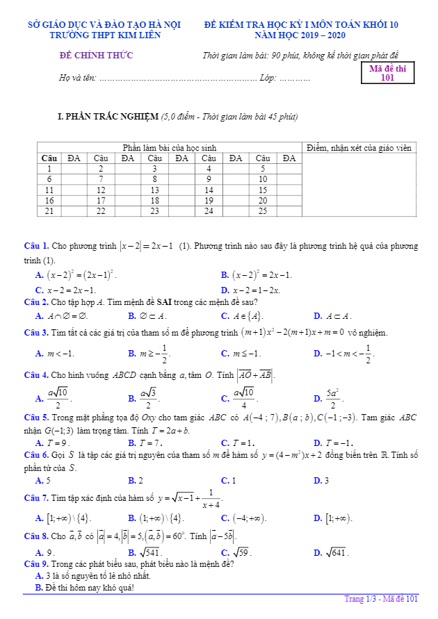 Đề kiểm tra học kỳ 1 Toán 10 năm 2019 – 2020 trường THPT Kim Liên – Hà Nội