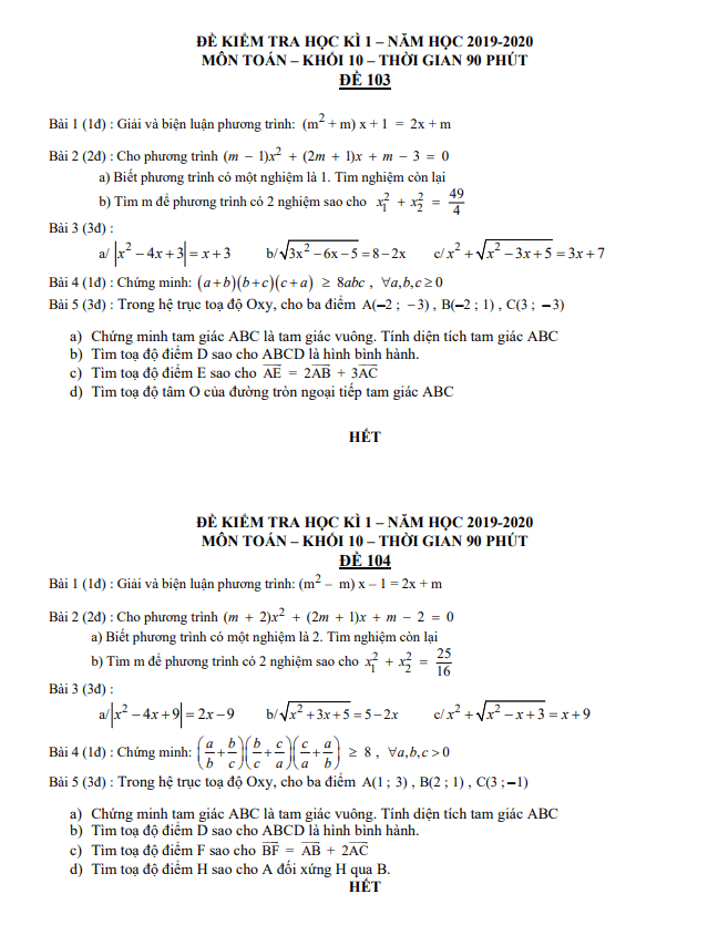 Đề kiểm tra học kỳ 1 Toán 10 năm 2019 – 2020 trường THPT Nam Kỳ Khởi Nghĩa – TP HCM