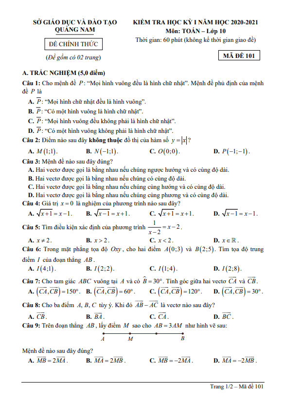 Đề kiểm tra học kỳ 1 Toán 10 năm 2020 – 2021 sở GD&ĐT Quảng Nam