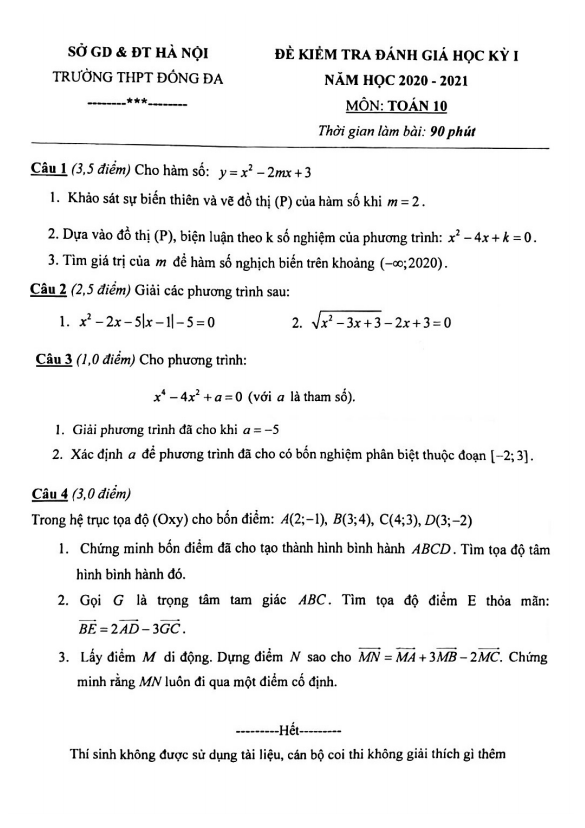 Đề kiểm tra học kỳ 1 Toán 10 năm 2020 – 2021 trường THPT Đống Đa – Hà Nội