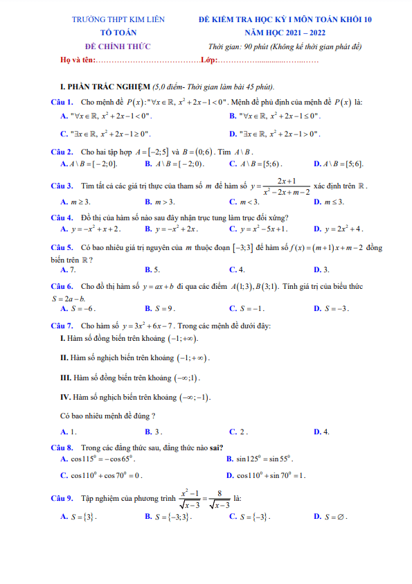 Đề kiểm tra học kỳ 1 Toán 10 năm 2021 – 2022 trường THPT Kim Liên – Hà Nội