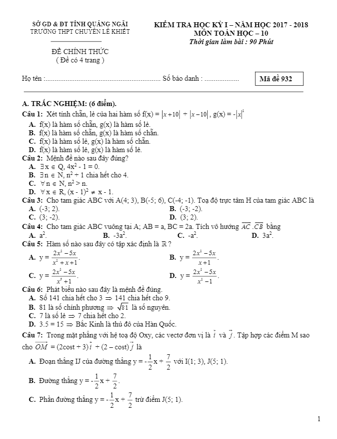 Đề kiểm tra học kỳ 1 Toán 10 năm học 2017 – 2018 trường THPT chuyên Lê Khuyết – Quảng Ngãi