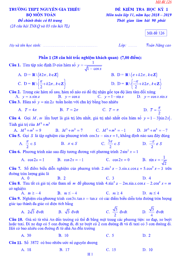 Đề kiểm tra học kỳ 1 Toán 11 năm 2018 – 2019 trường Nguyễn Gia Thiều – Hà Nội