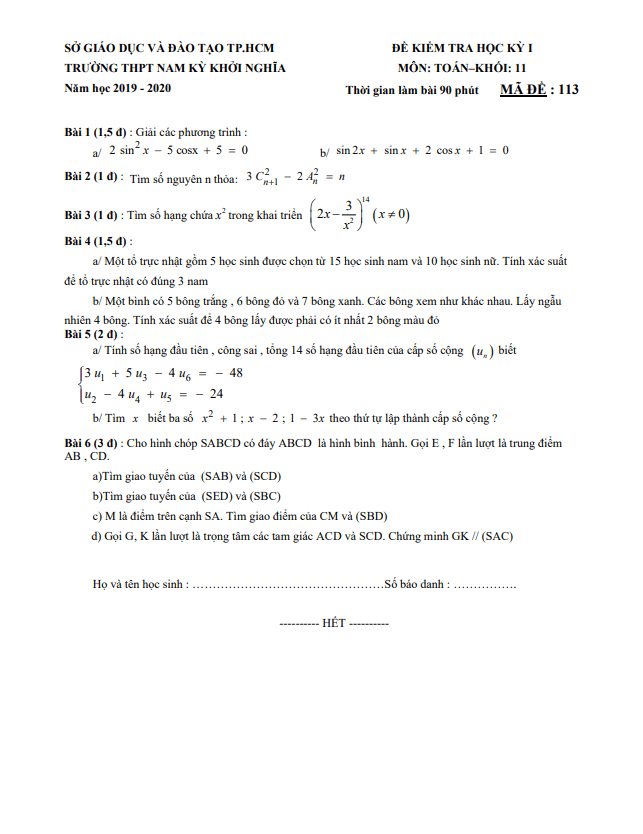 Đề kiểm tra học kỳ 1 Toán 11 năm 2019 – 2020 trường THPT Nam Kỳ Khởi Nghĩa – TP HCM