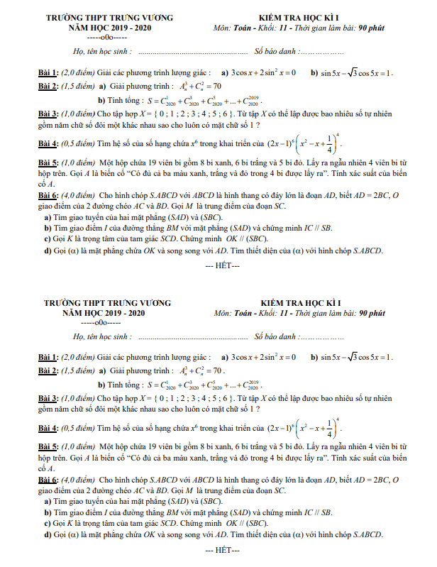 Đề kiểm tra học kỳ 1 Toán 11 năm 2019 – 2020 trường Trưng Vương – TP HCM
