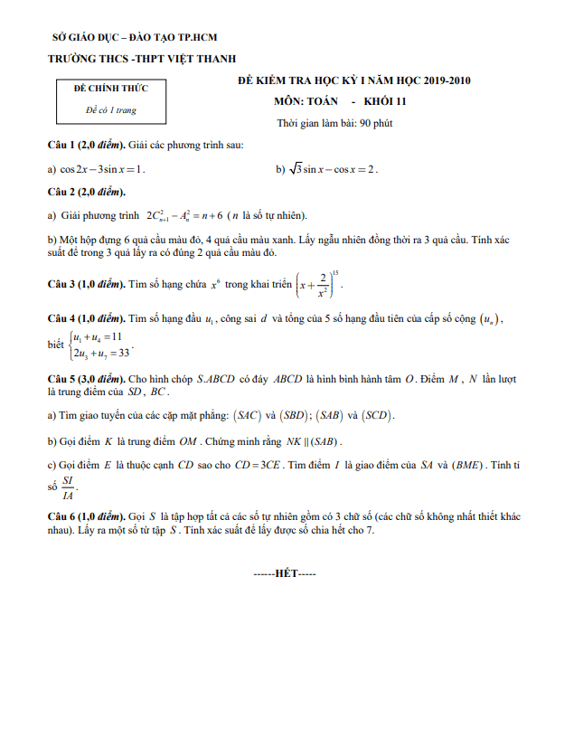 Đề kiểm tra học kỳ 1 Toán 11 năm 2019 – 2020 trường Việt Thanh – TP HCM