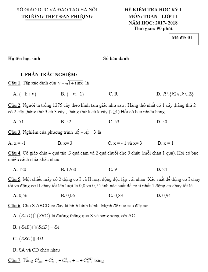 Đề kiểm tra học kỳ 1 Toán 11 năm học 2017 – 2018 trường THPT Đan Phượng – Hà Nội