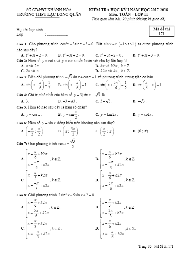 Đề kiểm tra học kỳ 1 Toán 11 năm học 2017 – 2018 trường THPT Lạc Long Quân – Khánh Hòa