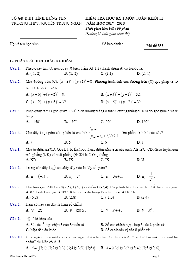 Đề kiểm tra học kỳ 1 Toán 11 năm học 2017 – 2018 trường THPT Nguyễn Trung Ngạn – Hưng Yên