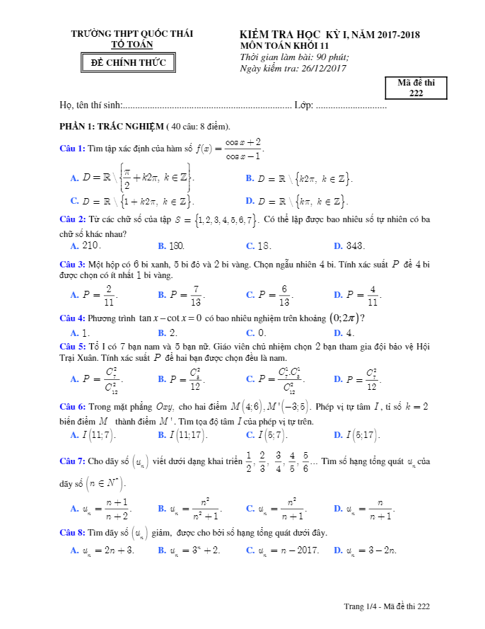 Đề kiểm tra học kỳ 1 Toán 11 năm học 2017 – 2018 trường THPT Quốc Thái – An Giang