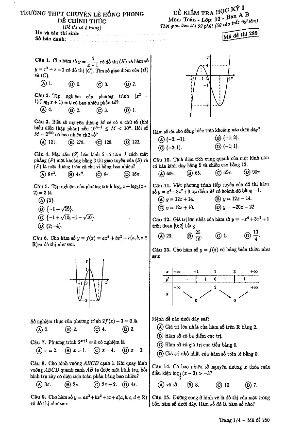 Đề kiểm tra học kỳ 1 Toán 12 (Ban A, B) trường THPT chuyên Lê Hồng Phong – TP. HCM