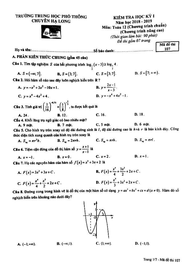Đề kiểm tra học kỳ 1 Toán 12 năm 2018 – 2019 trường chuyên Hạ Long – Quảng Ninh