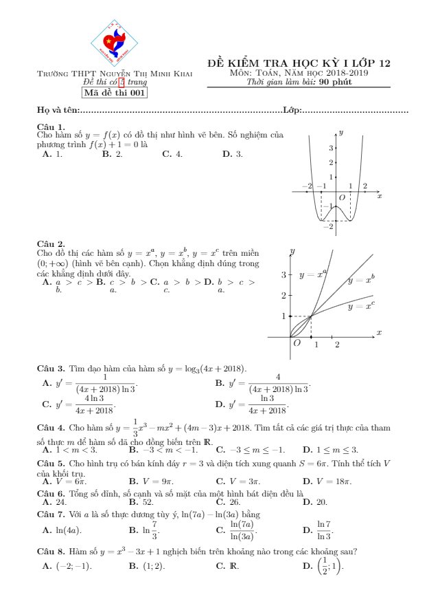 Đề kiểm tra học kỳ 1 Toán 12 năm 2018 – 2019 trường Nguyễn Thị Minh Khai – Hà Nội