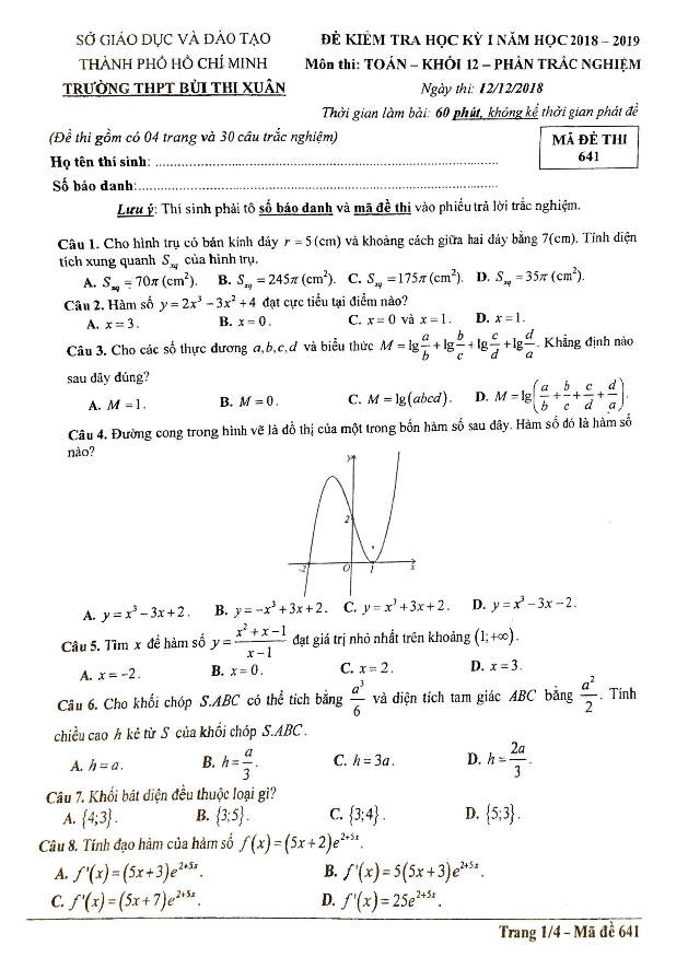 Đề kiểm tra học kỳ 1 Toán 12 năm 2018 – 2019 trường THPT Bùi Thị Xuân – TP. HCM