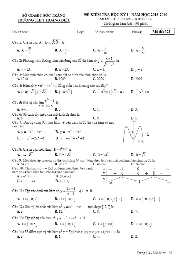 Đề kiểm tra học kỳ 1 Toán 12 năm 2018 – 2019 trường THPT Hoàng Diệu – Sóc Trăng
