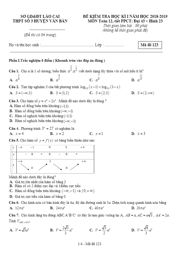 Đề kiểm tra học kỳ 1 Toán 12 năm 2018 – 2019 trường THPT số 3 Văn Bàn – Lào Cai