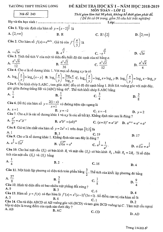 Đề kiểm tra học kỳ 1 Toán 12 năm 2018 – 2019 trường THPT Thăng Long – Hà Nội