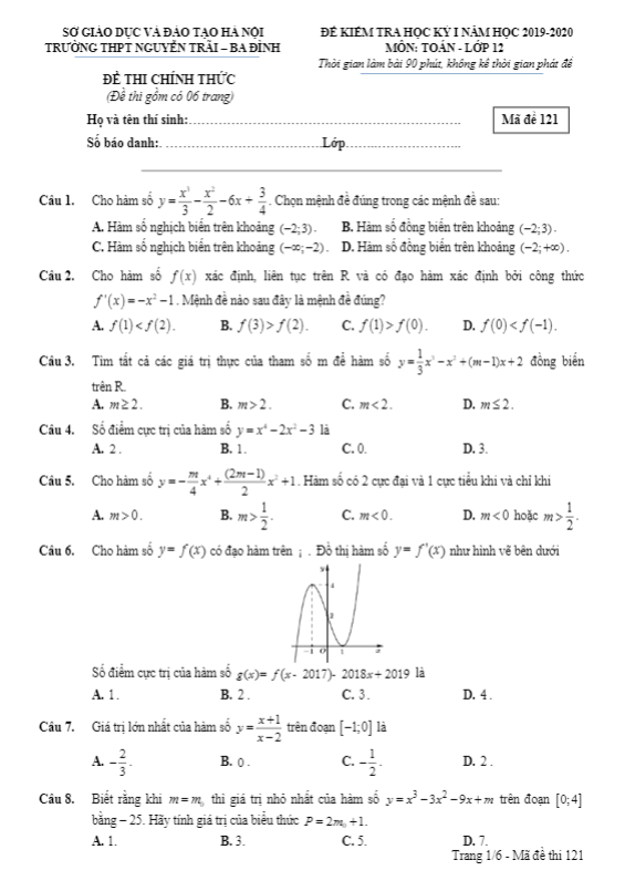 Đề kiểm tra học kỳ 1 Toán 12 năm 2019 – 2020 trường Nguyễn Trãi – Hà Nội