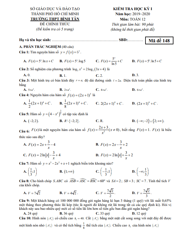 Đề kiểm tra học kỳ 1 Toán 12 năm 2019 – 2020 trường THPT Bình Tân – TP HCM