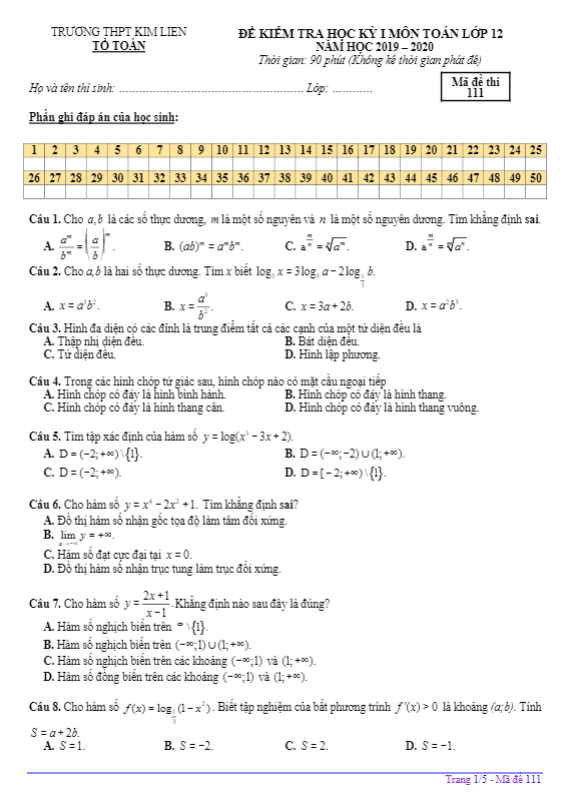 Đề kiểm tra học kỳ 1 Toán 12 năm 2019 – 2020 trường THPT Kim Liên – Hà Nội