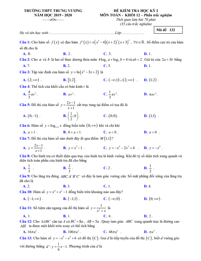 Đề kiểm tra học kỳ 1 Toán 12 năm 2019 – 2020 trường Trưng Vương – TP HCM