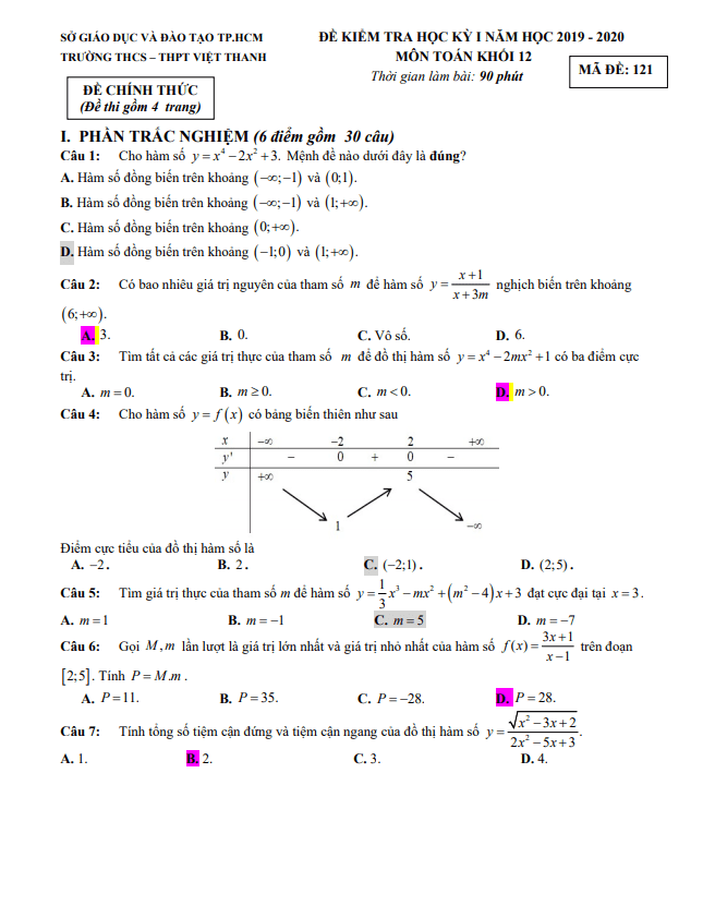 Đề kiểm tra học kỳ 1 Toán 12 năm 2019 – 2020 trường Việt Thanh – TP HCM